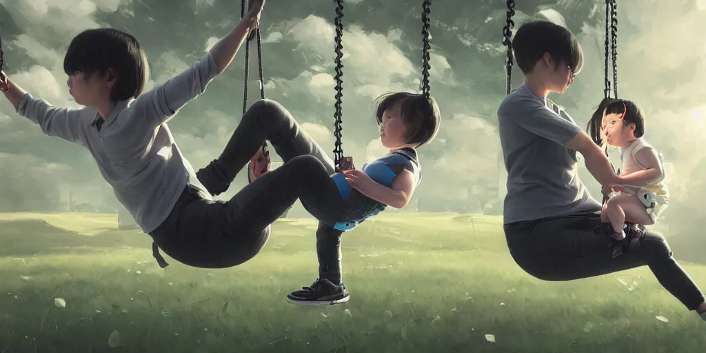 Image similar to hyperrealistic photography of a gentle cyborg pushing an android child on a swing in a cyborg park in the style of Jin Kagetsu, patricia piccinini, James Jean and wlop, highly detailed, masterpiece, award-winning, sharp focus, intricate concept art, ambient lighting, 8k, artstation