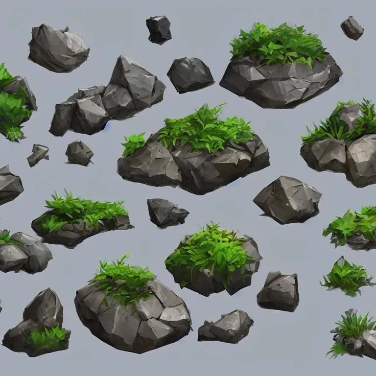 Image similar to a bunch of rocks with plants growing out of them, concept art by senior environment artist, polycount, plein air, 2 d game art, low poly