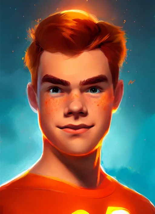 Image similar to friendly teenage archie andrews wearing an orange superhero costume, freckles, superhero costume with heart emblem, cape, intricate, elegant, glowing lights, highly detailed, digital painting, artstation, sharp focus, illustration, art by wlop, mars ravelo and greg rutkowski