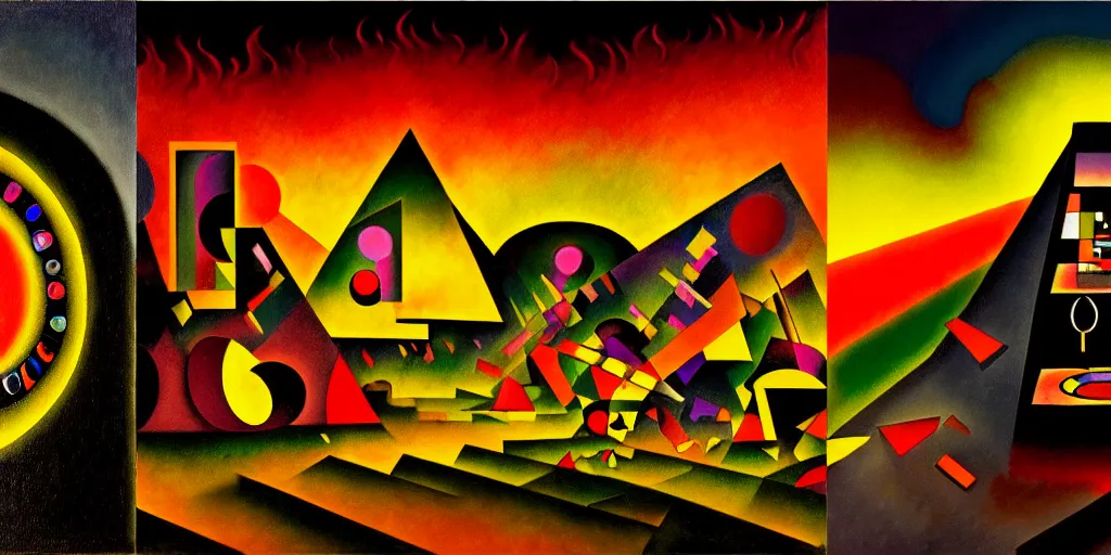 Image similar to trapped on a hedonic treadmill, dark uncanny surreal painting by ronny khalil, and kandinsky, dramatic lighting from fire glow, mouth of hell, ixions wheel