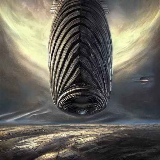 Image similar to a giant spaceship next to Earth in the style of H. R. Giger, realistic painting, high definition, digital art, matte painting, very detailed, realistic