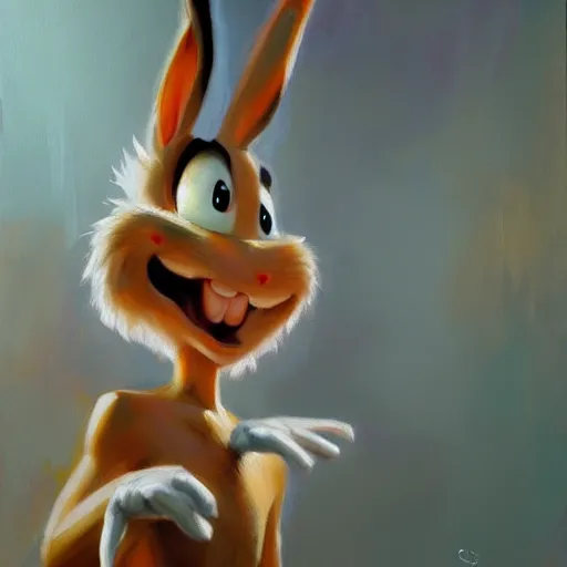 Image similar to a beautiful, soulful oil painting of bugs bunny by craig mullins ; anatomically correct