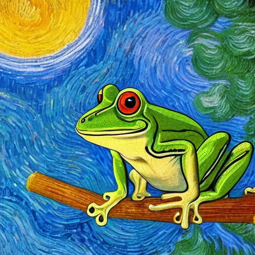 Prompt: a frog smoking a joint and enjoying a sunset, magical realism, ornate, style of an gogh, realistic, 4k,