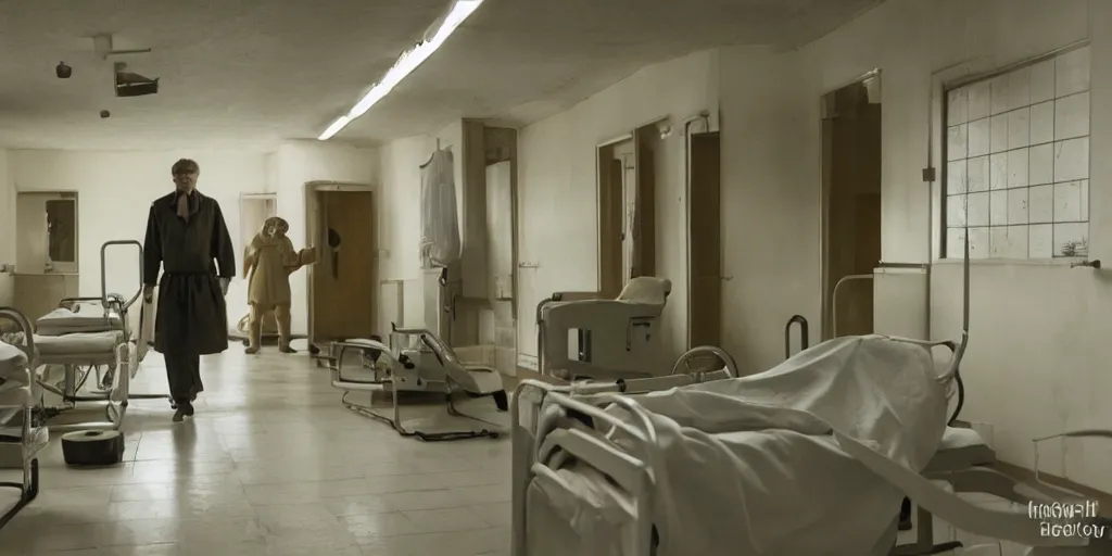 Image similar to depressing soviet hospital ward, demonic doctors, dying patients, movie still, low - key light, wide shot