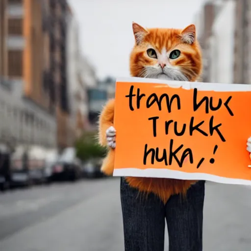 Prompt: a cute fluffly orange tabby cat holding a sign that says