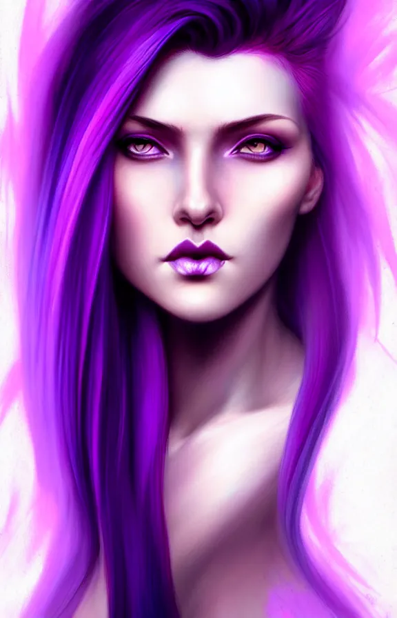 Image similar to Purple hair relistic closeup Portrait of a woman with bright colored flying hair, all shades of purple. Beauty face, Hair coloring, fantasy, intricate, elegant, highly detailed, digital painting, artstation, concept art, smooth, sharp focus, illustration, art by artgerm and greg rutkowski and alphonse mucha