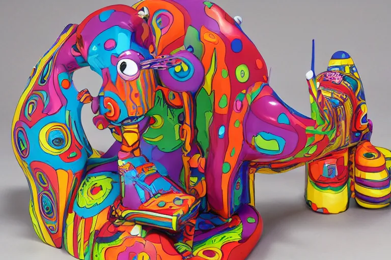 Prompt: cartoon psychedelic sculpture toy on display