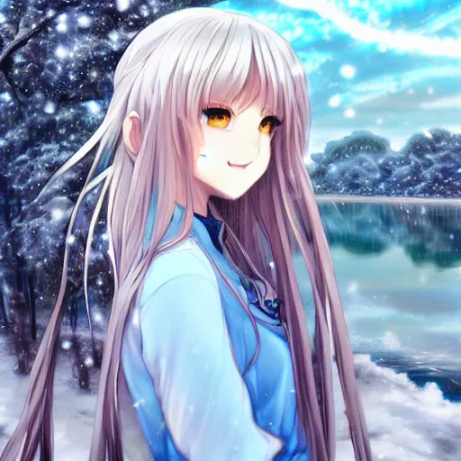 Prompt: a very beautiful anime girl, full body, long braided curly silver hair, sky blue eyes, full round face, short smile, casual clothes, winter setting, lake, cinematic lightning, medium shot, mid-shot, highly detailed, trending on Artstation, Unreal Engine 4k, cinematic wallpaper by Stanley Artgerm Lau, WLOP, Rossdraws, James Jean, Andrei Riabovitchev, Marc Simonetti, and Sakimichan
