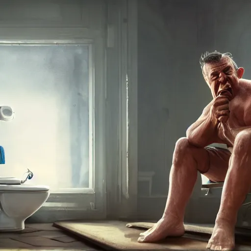 Image similar to viktor orban with detailed eyes, sitting on the toilet and eating bacon by greg rutkowski, highly detailed, octane render, 4 k, 8 k, hdr, cgsociety, amazing lightning, masterpiece