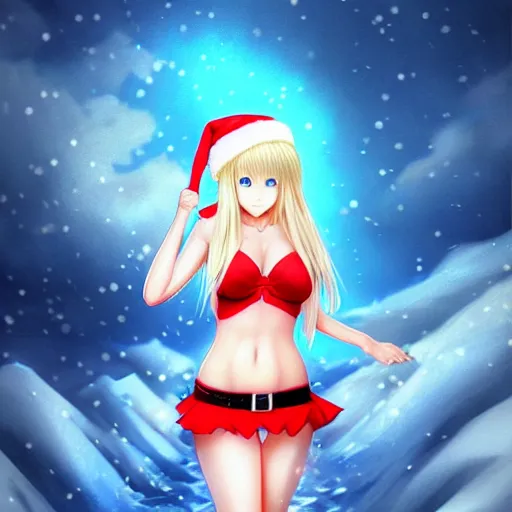 Image similar to full body shot : a very beautiful young blond anime girl on a snowstorm, santa hat, sky blue eyes,, bikini, miniskirt, highly detailed, cinematic wallpaper by stanley artgerm lau