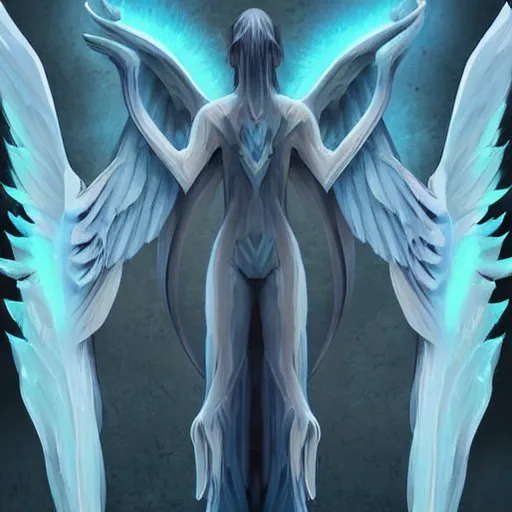 Prompt: winged tall pale blue guardians protecting the soul gate which it grants rebirth , digital art, trending Artstation