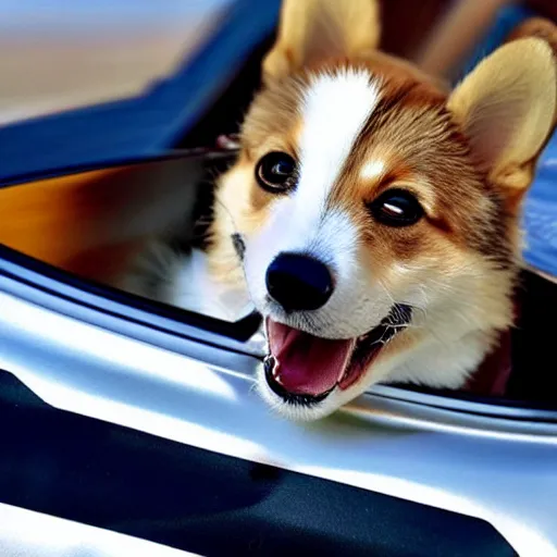 Prompt: corgi in a race car wearing a helmet, cute, happy, photorealism