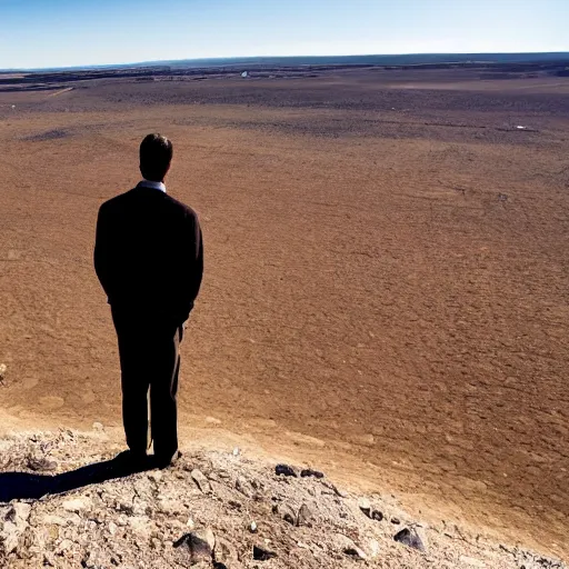 Prompt: A man stands at the edge of a cliff, looking out over a vast and empty desert, the sun beating down on him mercilessly, as he contemplates the long and arduous journey ahead.