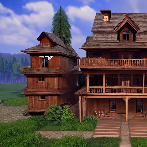 Image similar to Peaceful wooden mansion, unreal engine 5 tech demo