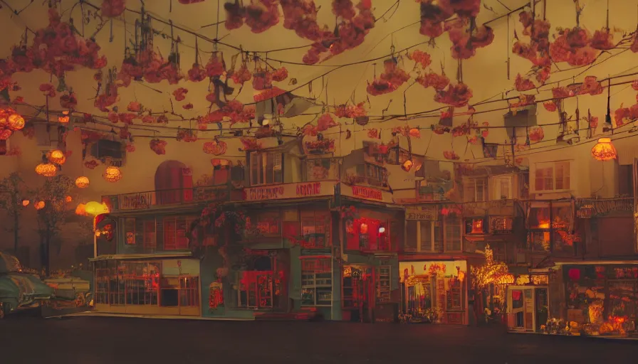 Image similar to a Wes Anderson 35mm film still of a very surreal cozy magic cafe with a miniature mountain city inside , golden hour, falling cherry blossom pedals, in the style of Gucci, glowing warm lights and floating lanterns, foggy atmosphere, rainy, moody, muted colors, magic details, very detailed, 8k, cinematic look, octane render, psychedelic,