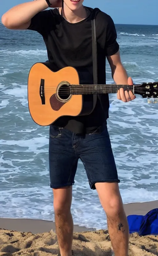 Image similar to Shawn Mendes en la playa tocando la guitarra