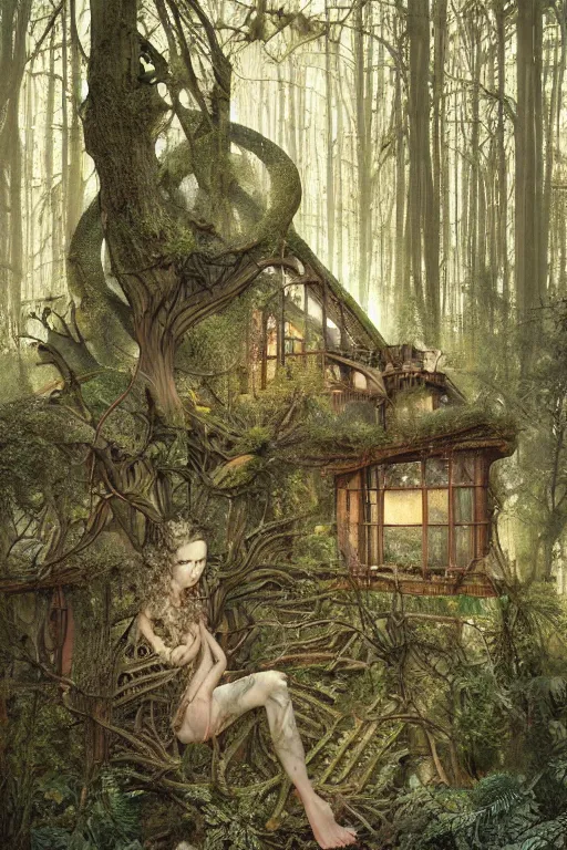 Image similar to a house in the forest by h. r giger, intricate, miles johnston, kuroda seiki, cynical realism, ozabu, john william godward, painterly, yoshitaka amano, moebius, miles johnston, louise zhang, james jean, mark ryden