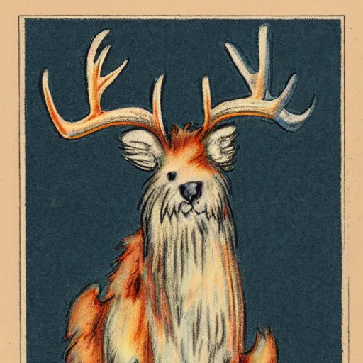 Image similar to professional vintage, detailed, colored sketch of a fuzzy creature with antlers, full descriptions, on parchment, 8K, HD