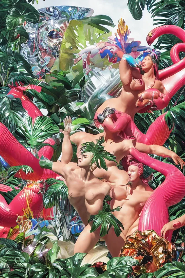 Prompt: an extreme close - up of a statue chrome cyborg lycra nymph battling a giant inflatable flamingo pool float, tropical flowers arnold schwarzenegger and monstera plants, fireworks thick smoke, by jeff koons, hajime soryama, boris vallejo, artgerm, greg rutkowski, alphonse mucha