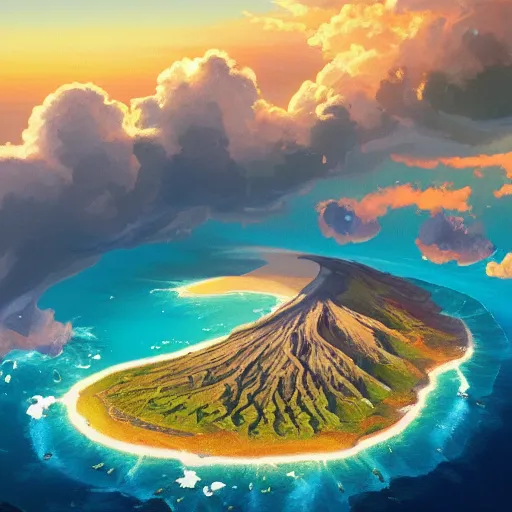 Image similar to a painting a breathtaking aerial view of Hawaiian islands, surrounded by palm trees, clouds, flowers, volcano, azure ocean, sunlight glistening, glow, , a detailed matte painting by sylvain sarrailh, Stephan Martinière, by RHADS, Makoto Shinkai, bokeh, Artstation contest winner, fantasy art, concept art, #vfxfriday