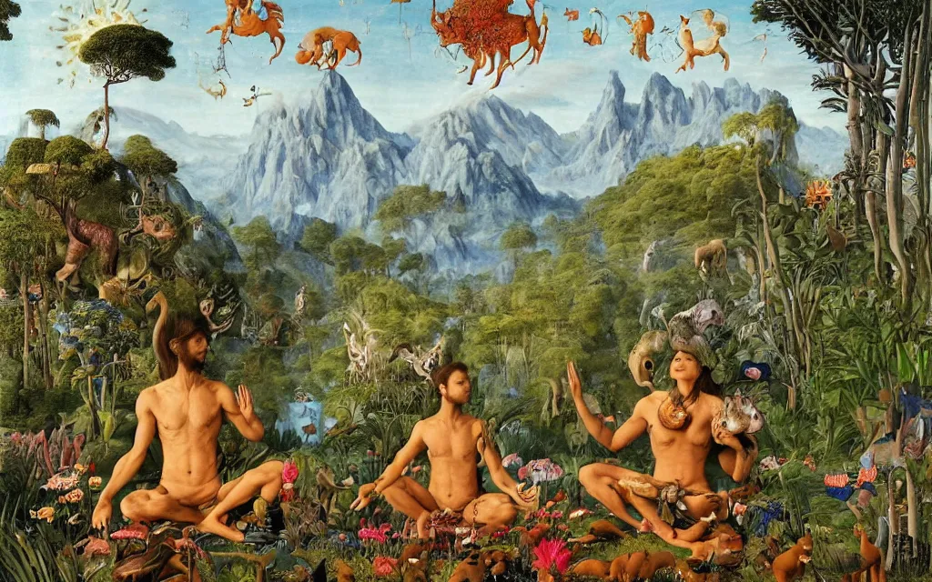 Image similar to a portrait photograph of a meditating werewolf and a centaur prince feeding tropical animals at a wide river delta. surrounded by bulbous flowers, animals and trees. mountain range under a vast blue sky of burning stars. painted by jan van eyck, max ernst, ernst haeckel and artgerm, cgsociety, artstation, fashion editorial