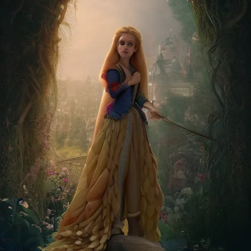 Prompt: kristen stewart as rapunzel by karol bak, james jean, tom bagshaw, rococo, trending on artstation, cinematic lighting, hyper realism, octane render, 8 k, hyper detailed