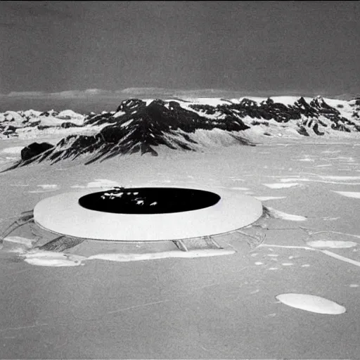 Prompt: secret photograph of nazi ufo base in antarctica, operation highjump, black and white, 4 k