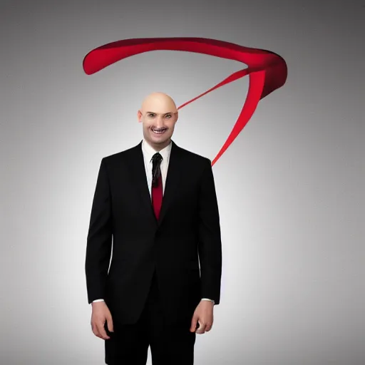 Prompt: a bald man wearing a black suit with a red tie smiling and looking at the camera ( greatly detailed, still frame shot, photo realistic, high quality photo, hyperrealistic and uhd )
