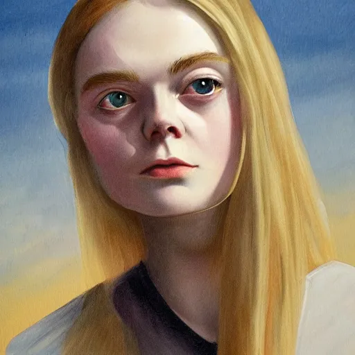 Image similar to professional painting of Elle Fanning in the style of George Tooker, head and shoulders portrait, symmetrical facial features, smooth, sharp focus, illustration, intricate, stormy weather, extremely detailed masterpiece,