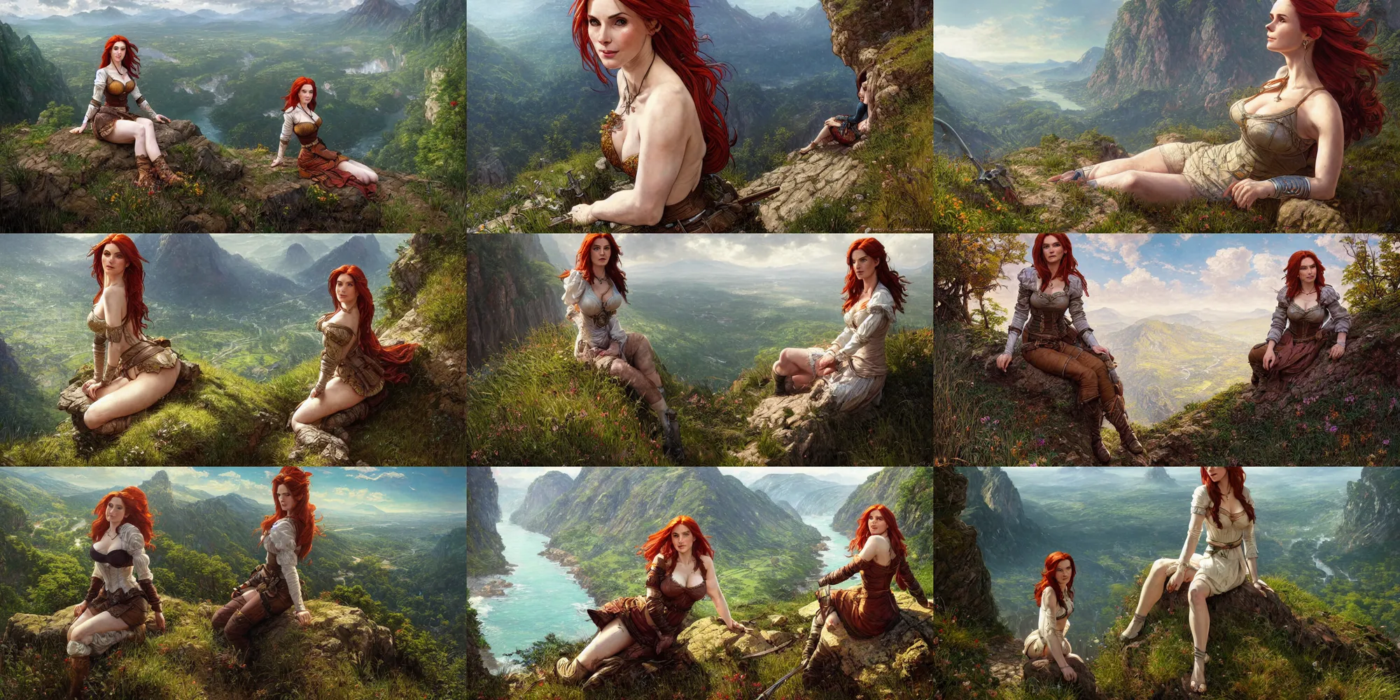 Prompt: alluring highly detailed line art wide-angle portrait of (1) Triss from the Witcher 3 sitting on the edge of a cliff overlooking a fantasy valley, very detailed, realistic, by Stanley Artgerm Lau, greg rutkowski, thomas kindkade, alphonse mucha, loish, norman rockwell J.