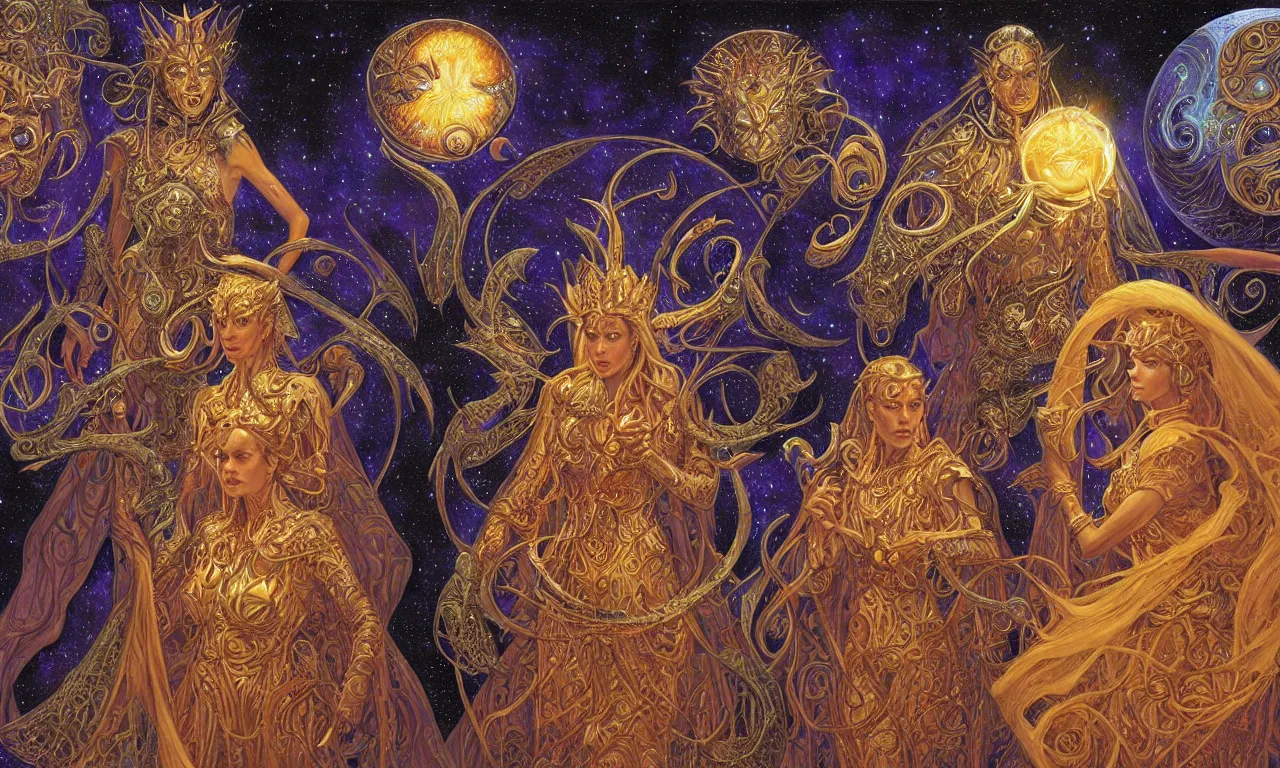 Prompt: sun king and moon queen in the cosmic court of mystical astronomy, art by james c. christensen and donato giancola