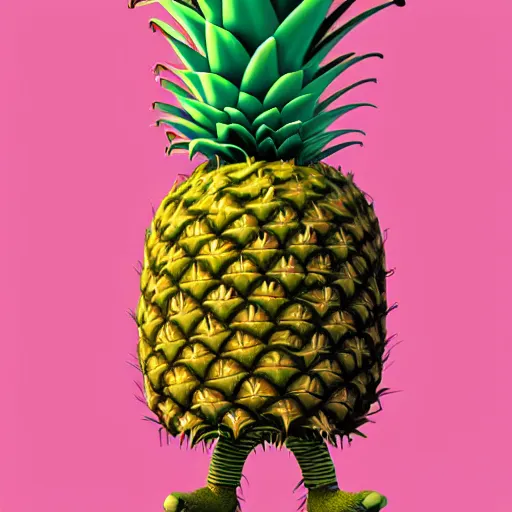 Prompt: cute anthropormorphic unusual alien pineapple creature with big eyes and leafy arms and legs character concept detailed painting 4 k