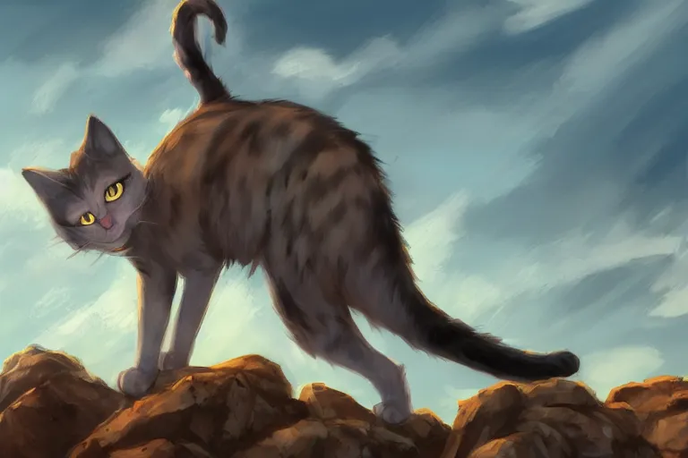 Image similar to cat standing on a rock in front of a crowd of cats, dramatic, backlighting, trending on artstation, digital art, trending on furaffinity, by kawacy