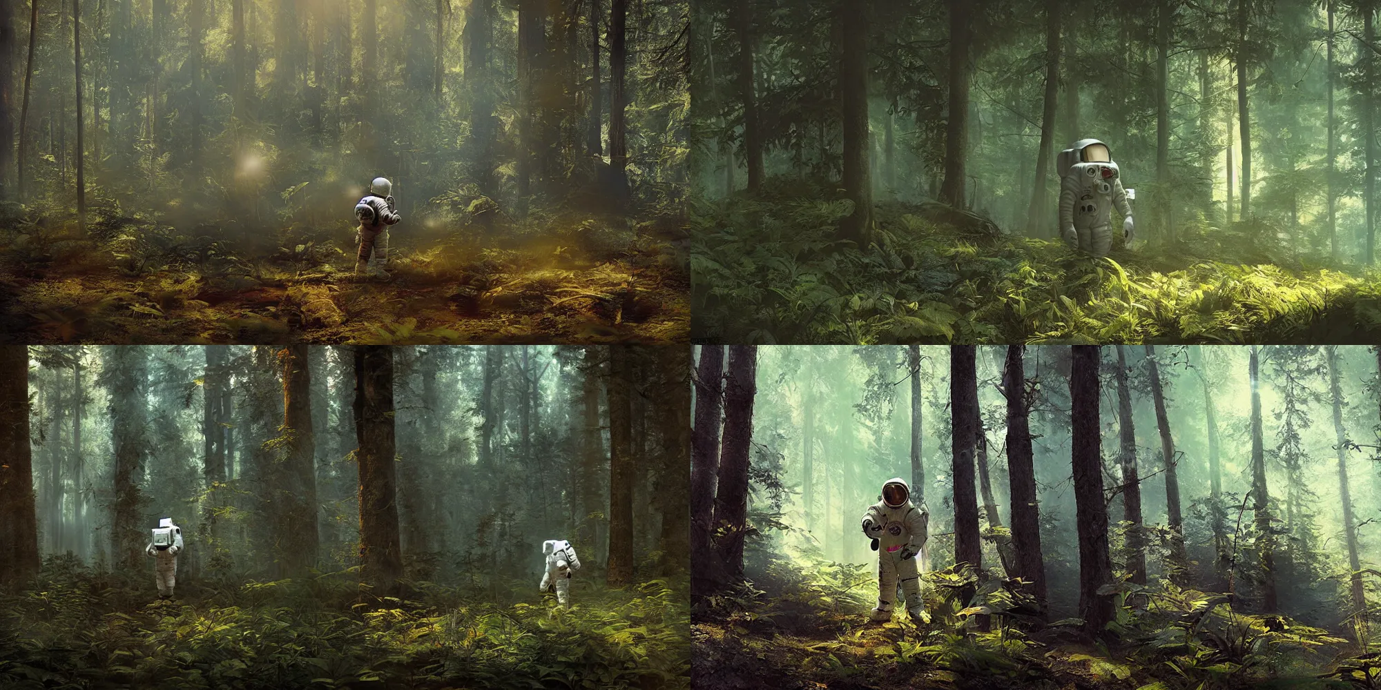 Image similar to american astronaut in the forest, plants environment, wide angle, cinematic lighting, atmospheric, realistic, octane render, highly detailed, in the style of craig mullins