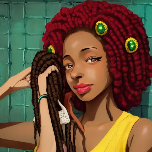 Prompt: portrait of a beautiful jamaican girl with rasta hair dressed in 1920's fashion, speakeasy bar background, mood lighting, ambient lighting, dynamic lighting, 4k, official media, anime key visual, makoto shinkai, ilya kuvshinov, lois van baarle, rossdraws, detailed, trending on artstation