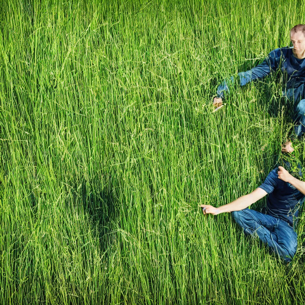 Prompt: realistic photo grass man searching for a blade of grass