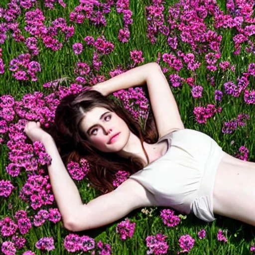 Prompt: alexandra daddario laying in a field of flowers, with bees all over the flowers