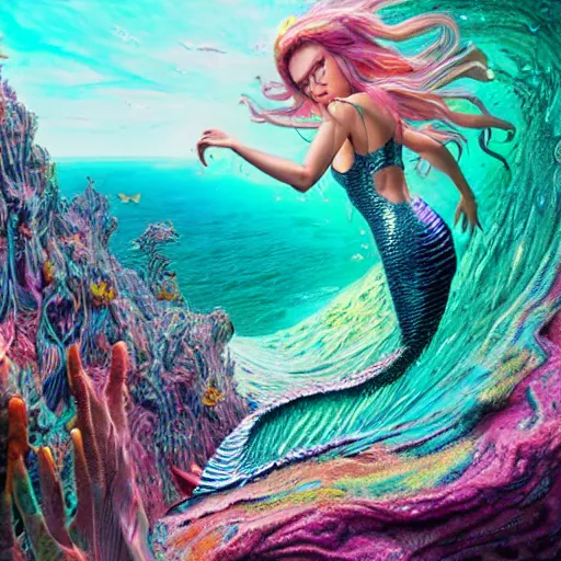 Image similar to mermaid mulitcolor waves, art by chris dyer, stanley artgerm lau, wlop, rossdraws, james jean, andrei riabovitchev, marc simonetti, yoshitaka amano photorealistic,, vray, hdr, hyper detailed, dramatic lighting, octane render, weta digital, 3 d sculpture