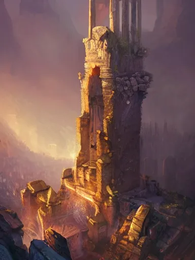 Prompt: ruins of a crumbling giant tower. falling pieces of concrete. burning. elegant, highly detailed, digital painting, artstation, concept art, sharp focus, illustration, by justin gerard and artgerm, 8 k