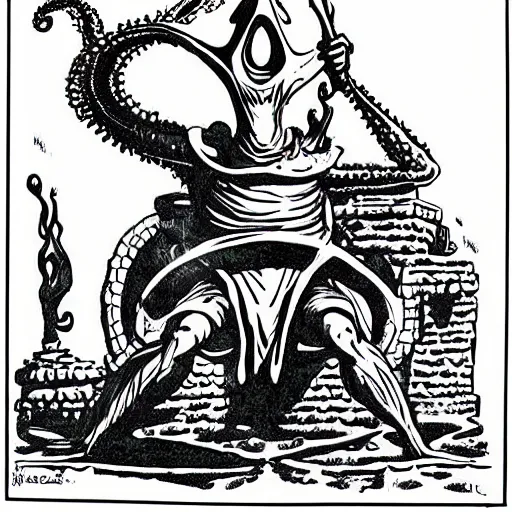 Prompt: Frog-headed men worship a statue of Cthulu in a dark cave. D&D. Pen and ink. 1980s Black and white. Mike Mignola, Larry Elmore.