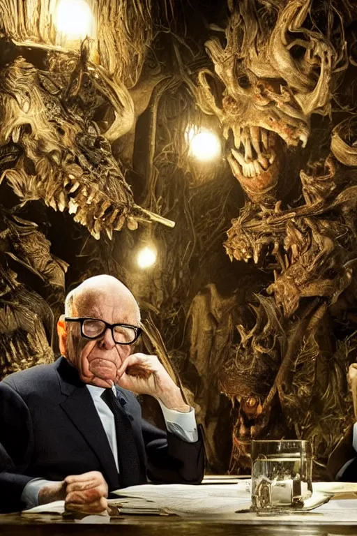 Image similar to !!! rupert murdoch!!! with!! a million eyes!!, photorealistic, cinematic lighting, highly detailed, very intricate, by guillermo del toro