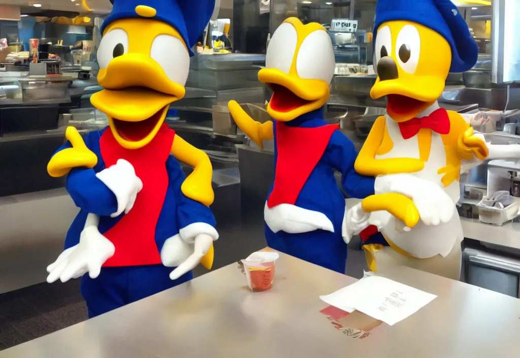 Image similar to donald duck working in mcdonalds