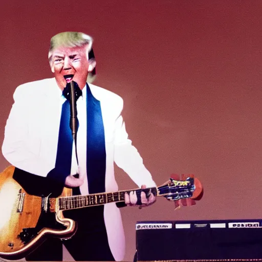 Image similar to donald trump at a concert with playing guitar, long hair, kodak portra 4 0 0 color negative film