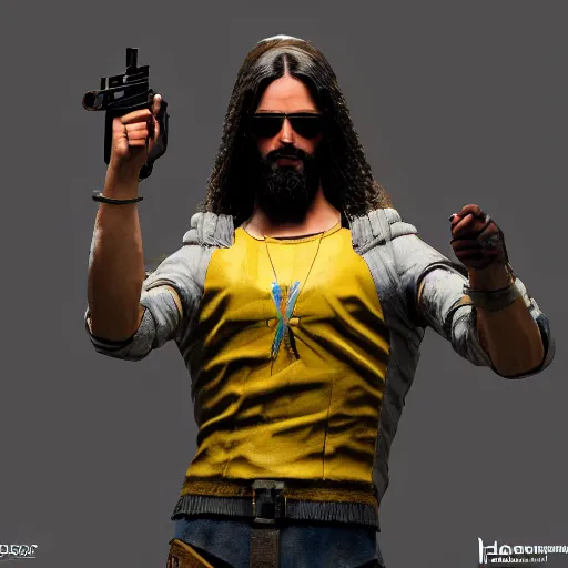 Image similar to Jesus in Cyberpunk 2077 with a pistol, Orthodox icon, handmade, wooden greek christian athos icon , concept art, unreal engine, 4k render, global illumination, blender, cycles, featured on artstation, pixiv