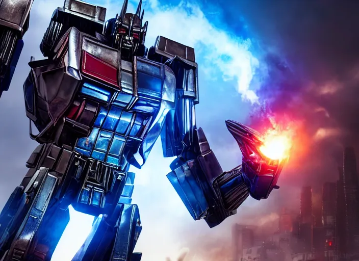 Image similar to optimus prime destroying a [ decepticon ], ultra realistic 4 k unreal engine very cinematic render with ray tracing bloom ambient occlusion strong reflections depth of field fog