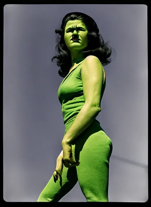 Image similar to a color photo portrait of she hulk in la by dorothea lange, dramatic lighting, 7 5 mm lens, sharp focus.