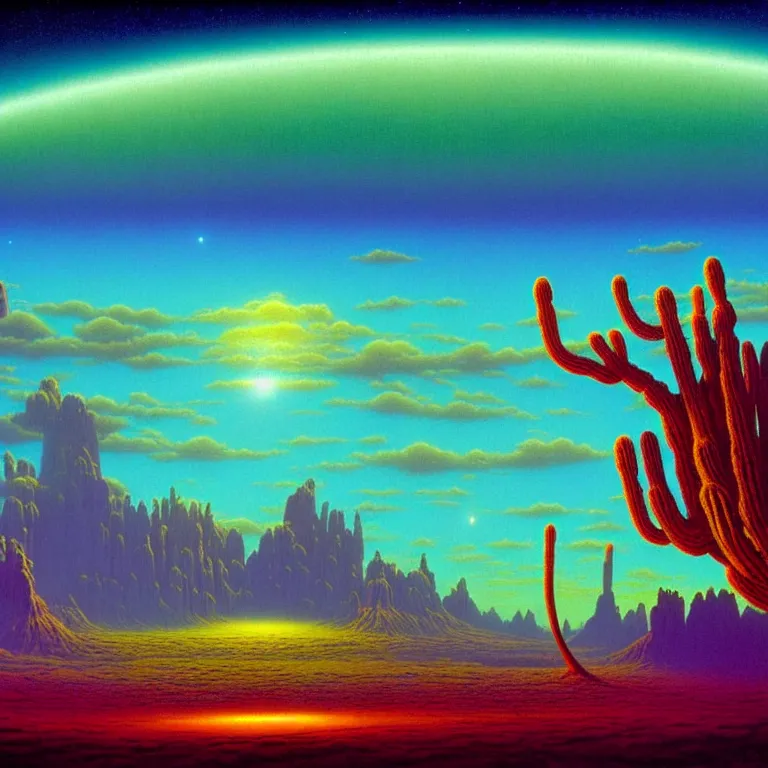 Image similar to astral travel mysterious desert canyon at night, infinite sky, synthwave, bright neon colors, highly detailed, cinematic, tim white, michael whelan, roger dean, bob eggleton, lisa frank, vladimir kush, kubrick, kimura, isono