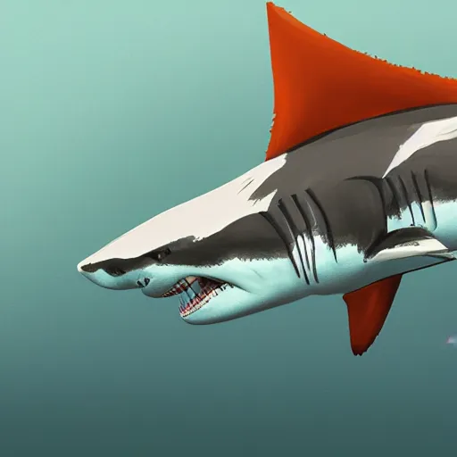 Image similar to great white shark, side view, with an orange traffic cone on its dorsal fin - ron cheng & alphonse mucha, highly detailed, digital painting, ray tracing, concept art, illustration, smooth sharp focus, intricate, symmetry, artstation,