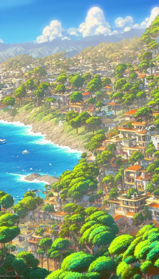 Image similar to a beautiful ultradetailed painting of santa barbara, studio ghibli sunlight, archdaily, wallpaper, highly detailed, trending on artstation.