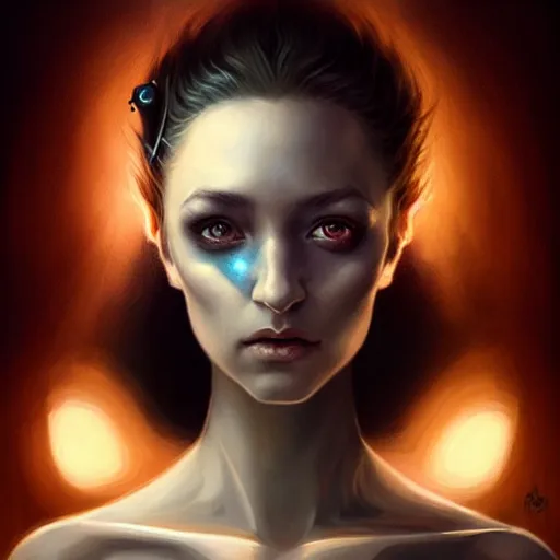 Image similar to beautiful stella maeve magician, in the style of peter mohrbacher, artgerm, tom bagshaw, realistic character concept, bird's eye overhead shot, elegant pose, spooky, illustration, symmetrical face and body, volumetric lighting, detailed realistic symmetrical eyes, 8 k, single face, insanely detailed and intricate elegant, autumn leaves